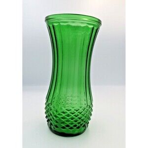 Hoosier Glass Vintage Green Vase Ribbed w/Diamond Cut Base